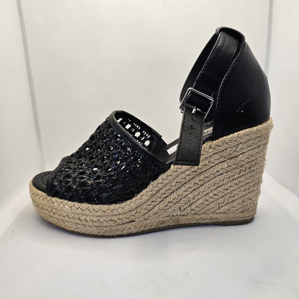 Steve Madden Joni wedge sandal shoes 6.5 heels black espadrilles open toe lace - Picture 4 of 11